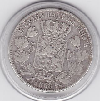 Belgium 1868 5 Franc Large Silver 90 Coin