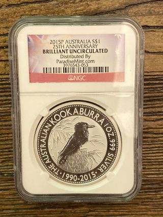 2015 - P Australia $1 25th Ann.  - Kookaburra 1oz Silver Coin Ngc Bu