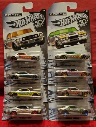 Hot Wheels Complete Set Of 8 50th Anniversary Zamac Muscle Cars Camaro Mustang,