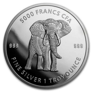 2019 Republic Of Chad 1 Oz.  999 Silver Elephant Coin In Capsule