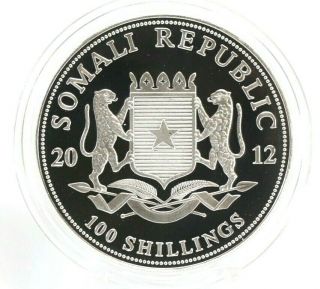 2012 Somalia.  999 1 Oz.  Silver " African Wildlife " Elephant 100 Shillings Coin