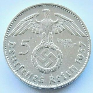 German Coin 5 Mark Reichsmark 1937 G Swastika Hindenburg Silver 3rd Reich Ww2
