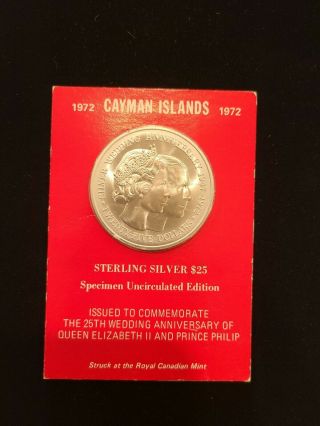 1972 $25 Cayman Islands 25th Anny Queen Elizabeth Prince Philip 1.  5 Oz Silver