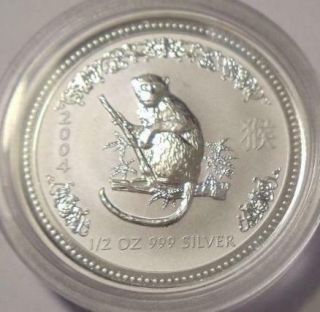 2004 Australian Lunar Year Of The Monkey 1/2 Oz.  Silver Coin Bu Series 1