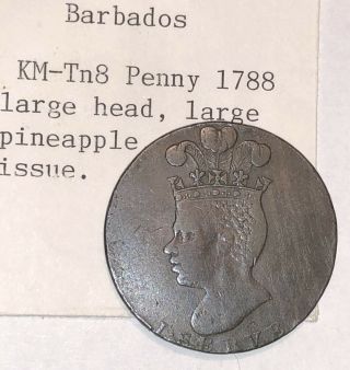 Barbados 1788 Copper Penny Xf Large Pineapple/head Surfaces