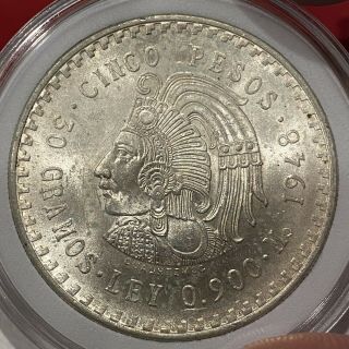 1948 Mexico Silver 5 Pesos Cuauhtemoc Unc Silver Coin