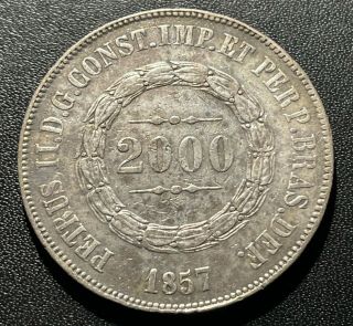 Brazil 1857 2000 Reis Silver Coin: Pedro Ii - Mintage 105k