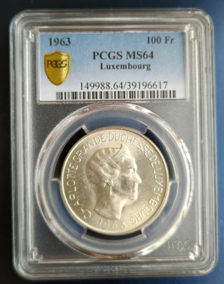 Luxembourg 100 Francs 1963 Charlotte Silver Coin Pcgs Ms64