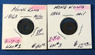 1863 And 1866 Hong Kong One Mil Coins British Colony (2 Coins) Km 1 & Km 3