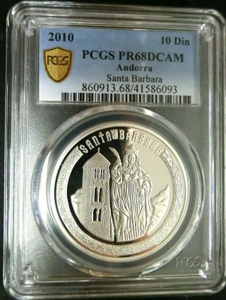 Pcgs Pr68dcam Gold Shield - Andorra 2010 St.  Barbara Silver 10 Din Gem Proof