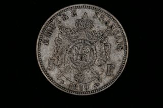 France Silver 1869 5 Francs Napoleon Iii Empire
