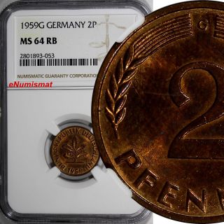 Germany Federal Republic 1959 G 2 Pfennig Ngc Ms64 Rb Top Graded Km 106 (053)