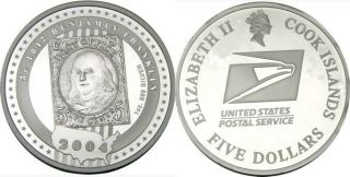 Elf Cook Islands 5 Dollars 2004 Benjamin Franklin Stamp Silver Proof