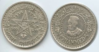 Gs287 - Morocco 500 Francs Ah1376 - 1956 Y 54 Silver Mohammed V.  Marokko