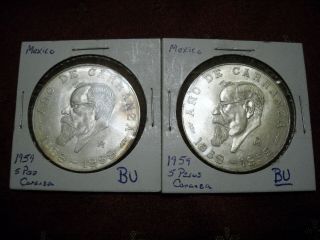 1959 AÑo De Carranza Mexico 5 Peso Silver Coins,  Uncirculated,  Km 471
