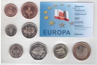 Gibraltar 8 Dif Bu Coins Set 1 Penny - 2 Pounds 2004 Year Bimetal Ship 300th Anni
