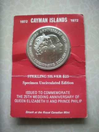 1972 Cayman Islands Queen Elizabeth 25th Anniversary Silver 55gms Proof $25