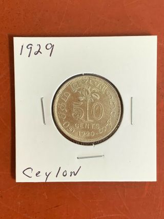 1929 Ceylon 50 Cents Silver Coin George V (sri Lanka) Coin