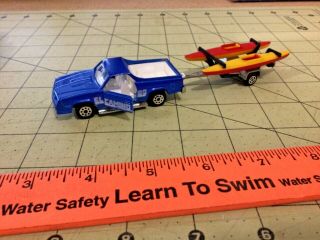Vintage Majorette 1/64 Blue El Camino And Kayaks With Trailer,