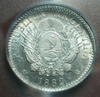 1882 Argentina 10 Centavos Silver,  Icg Uncirculated Ms 60 Km 26 (704)