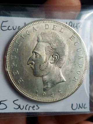 Sasa Unc 5 Sucres 1943 Ecuador Silver Coin / Antonio José De Sucre