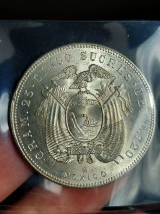 SASA Unc 5 Sucres 1943 Ecuador Silver Coin / Antonio José de Sucre 2