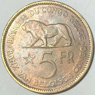 1936 Belgian Congo 5 Francs Bronze Vf30