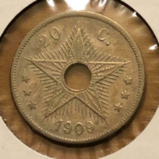 1909 Belgian Congo 20 Centimes Coin,  Km - 14,