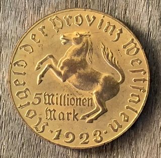 Vtg 1923 Germany Westphalia 5 Million Mark Gilt Bronze Coin Horse Inflation