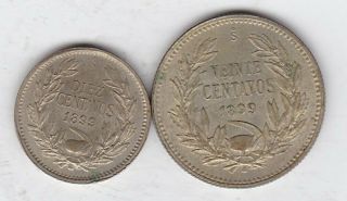 1899 So Chile 20 & 10 Silver Centavos Coins In Near.