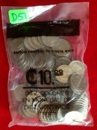 D51 Costa Rica; Bag - 100 Coins 10 Centimos 1976 All Unc