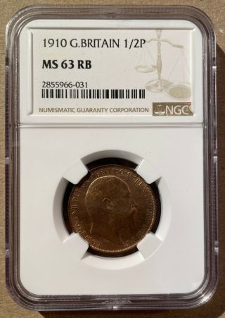 1910 Great Britain One Half Penny Ngc Ms 63 Rb - Only 19 In Higher Grade