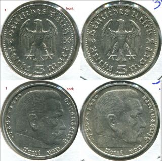 Germany C067 5 Reichs Mark 1936 - A & 1936 - D,  Km 56 Hindenburg,  2 Silver Coins