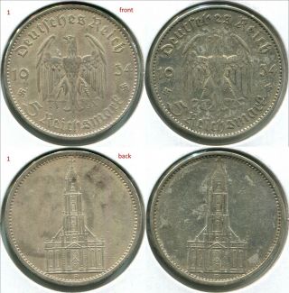 Germany C062 5 Reichs Mark 1934 - A & 1934 - F Km 83 Church Swastika,  2 Silver Coins