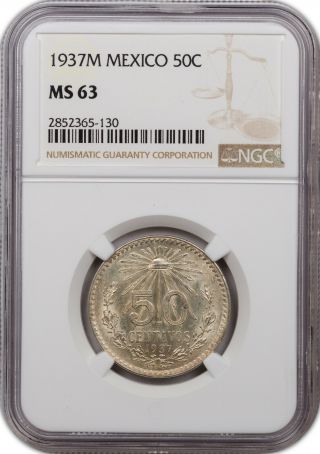 1937 - M Mexico Silver 50 Centavos Ngc Ms63