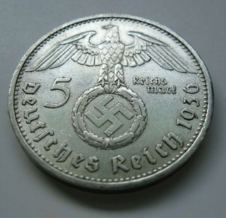 1936 A Ww2 5 Mark German Silver Coin Third Reich Reichsmark