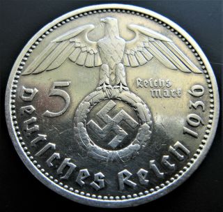 X - Rare 1936a Big 5 Mark 90 Silver Bullion German Swastika Nazi Germany Ww2 Coin