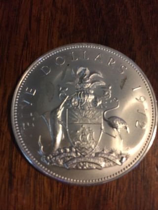 1972 - Bahama Five Dollar Silver.  Huge Coin.  Asw 1.  25 Oz.  Some Abrasions.  Photos