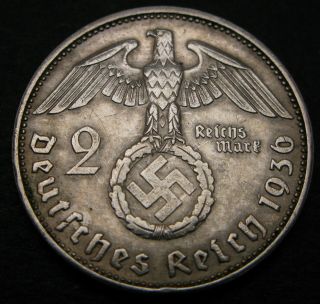 Germany (third Reich) 2 Reichsmark 1936 E - Silver - Swastika - Vf - 3465