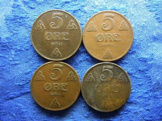 Norway 5 Ore 1911,  1912,  1915,  1921 Metal Plated,  Km368