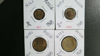 1968 Ussr/russia 4 Coins Set Of 1,  2,  3 And Rare 5 Kopeks Aunc.