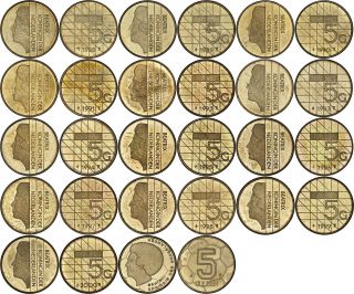 Netherlands: 14 Different 5 Gulden Bronzed Nickel 1988 - 2000 Including Ek2000