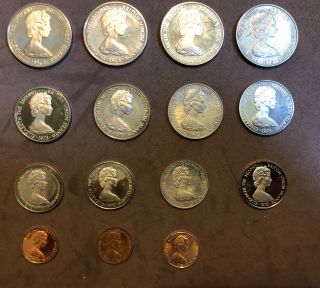 1973 British Virgin Islands 15 Proof Coin Set 1,  5,  10,  25,  50 Cents,  1974 1 Cent