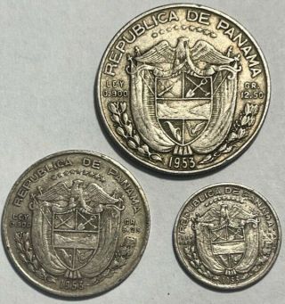 Panama - 1953 (3) Silver Coin Set - 1/10,  1/4,  1/2 Balboa - Km - 18,  19,  20