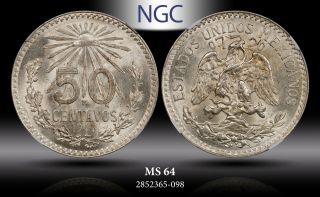 1944 - Mo Mexico Silver 50 Centavo Ngc Ms64