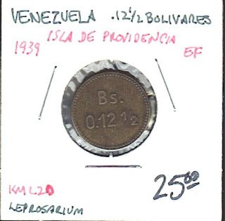 Venezuela Isla De Provedencia 1939.  12 - 1/2 Bolívares Km - L20 Leperosorium Token