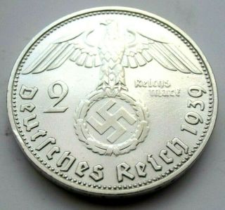 Wwii German 2 Mark - 1939 D - Silver - Coin - Big Swastika (1.  5)