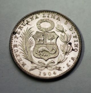 1904 J.  F.  Peru Un Dinero Silver Coin Brilliant Uncirculated