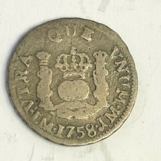 1758 Lm Jm Peru 1/2 Real,  Arms / Pillars,  Km 51,  Scarce Spanish Colonial Coin