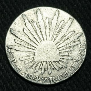 Mexico 1847 Mo Rc Wide Date 2 Reales Cap Rays First Republic 90 Silver Coin Z7